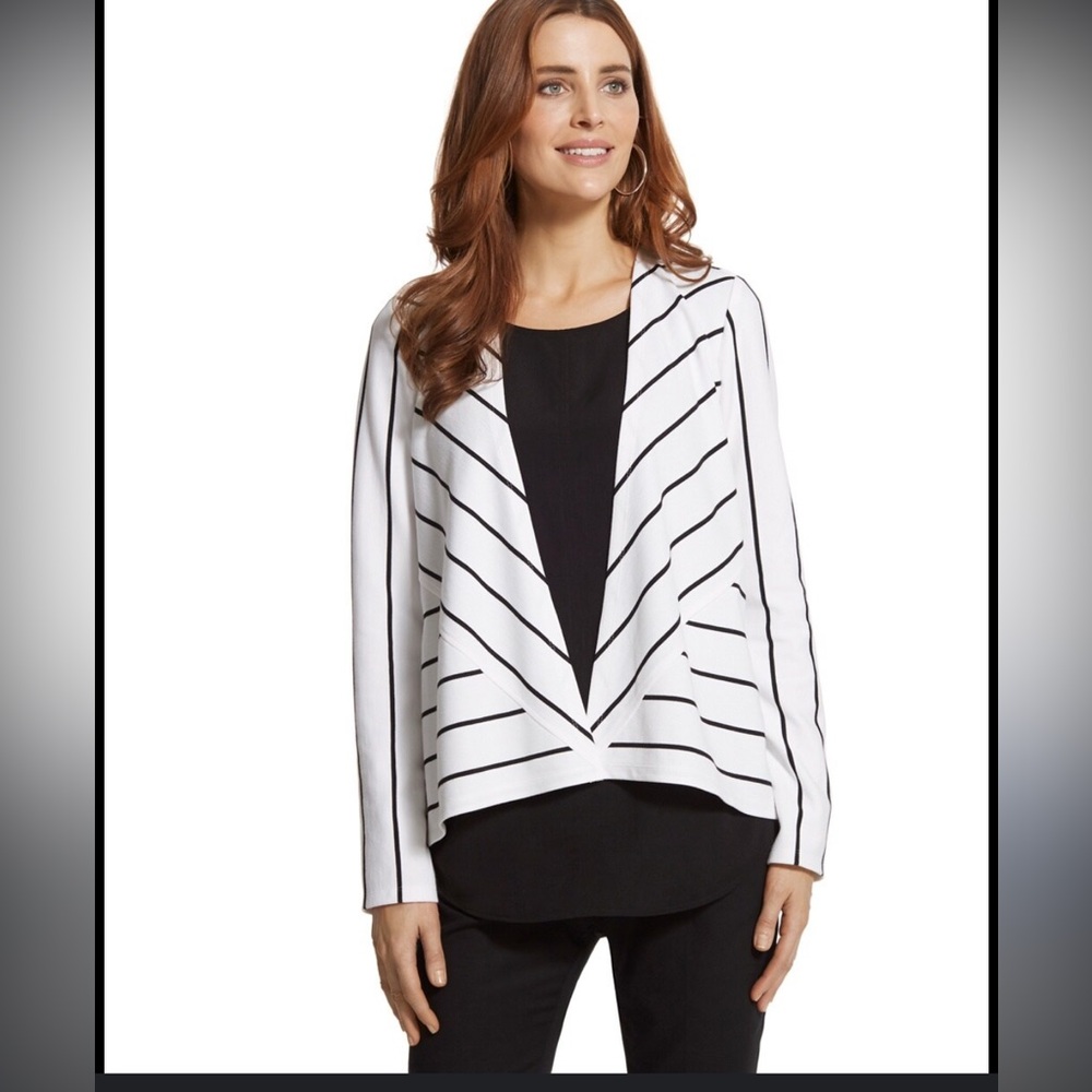 Chico’s Striking Stripe Drape-Front Jacket, Size Large, Black & White